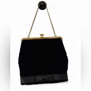 Black Velvet Clutch Purse Gold Kiss Lock Frame Chain Strap Bow Evening Bag